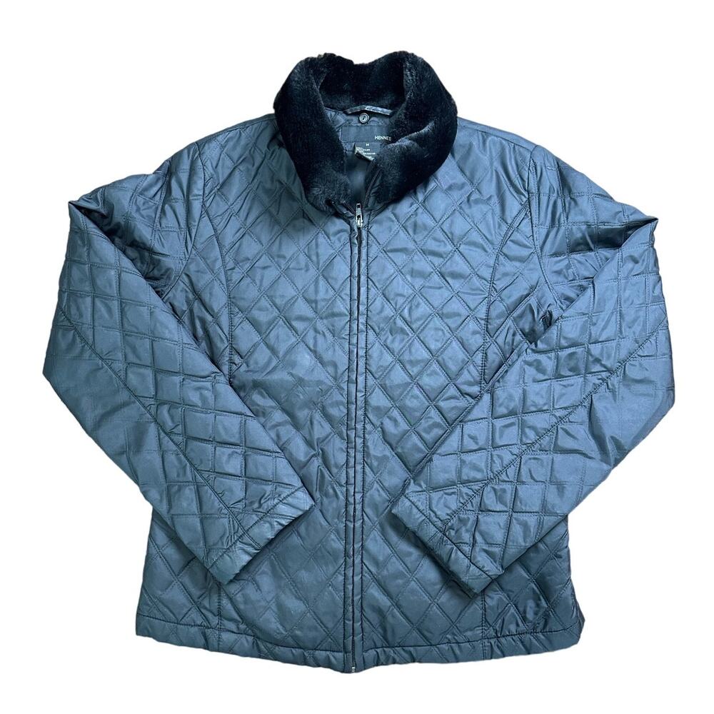 H&M Hennes Quilted Nylon Waterproof Lined Jacket in Black Faux Fur Collar Medium